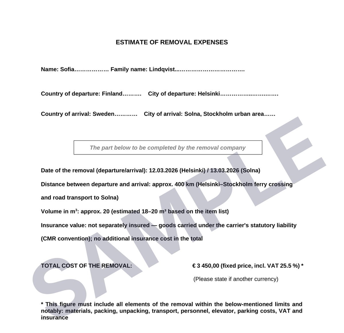 Sample Estimate of Removal Expenses form completed by Mover.fi